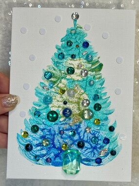 Handmade Teal & Aqua Holiday Tree Wall Art 5x7 inch